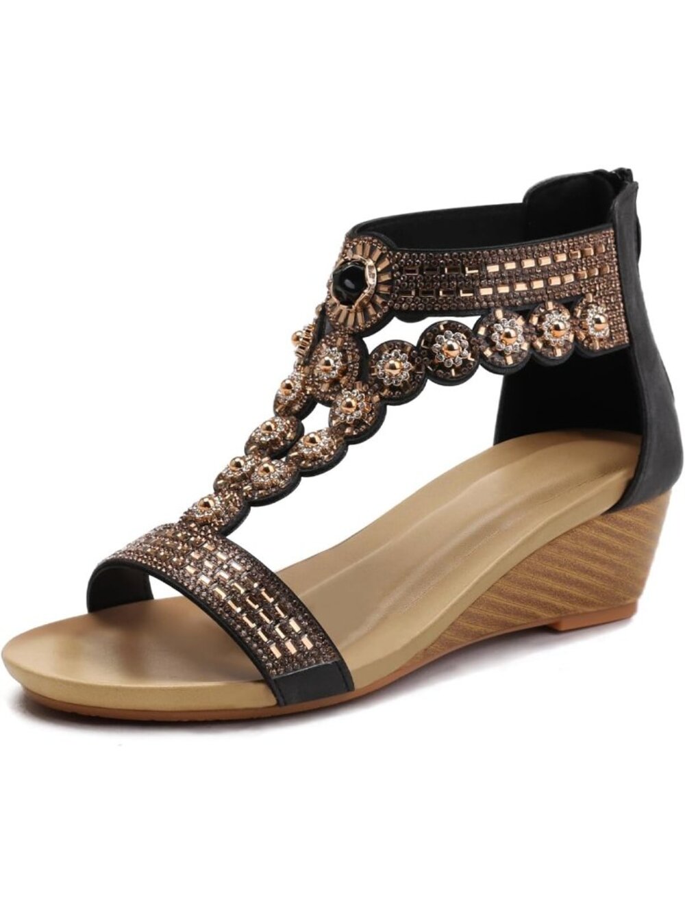 Women's 1452-Black Slide Wedge Sandal Open Toe High Heel Zipper Back Platform